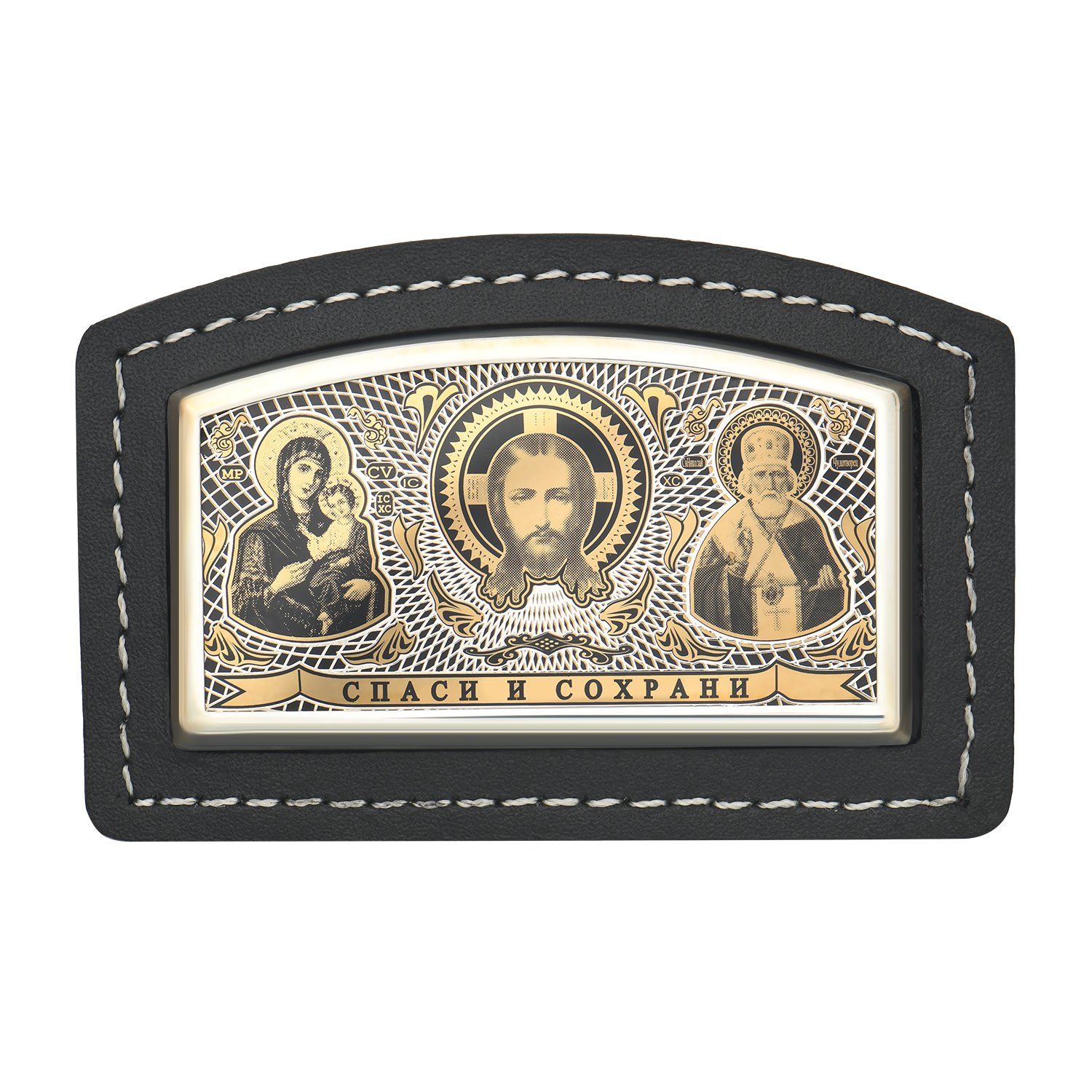 Автомобильная икона из натуральной кожи с обсидианом